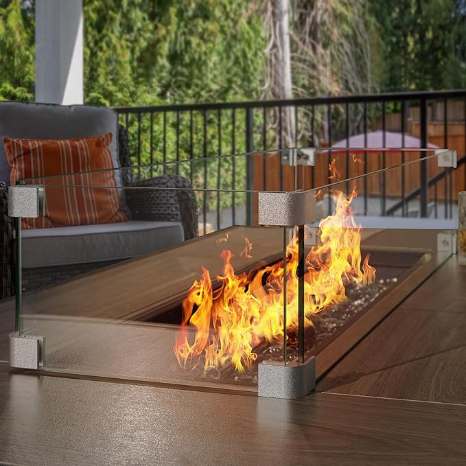 Nuu Garden 43 Inch Propane Fire Pit Table CSA Listed 50000 BTU Gas Fire Pit with Lid Glass Wind Guard and Fire Glass Beads 2 in 1 Rectangular Outdoor Fire Table for Patio Backyard Light Brown