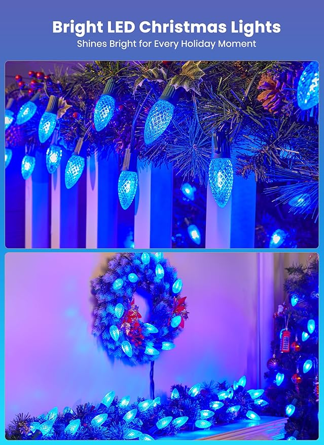 C9 Led Christmas String Lights, 20 Led 25.75 Feet Outdoor Waterproof Strawberry Lights with 20 Stakes, Extendable Green Wire String Lights for Indoor Outside Patio Wedding Party Decoration, Blue