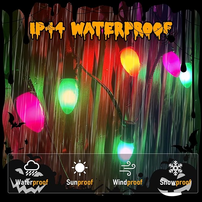 C7 Outdoor Halloween Lights Waterproof, 25Ft LED Outdoor Halloween Decorations Lights with 27 C7 Orange, Purple and Green Bulbs, Hanging Backyard Light for Roofline Garden Patio Holiday Pathway Porch