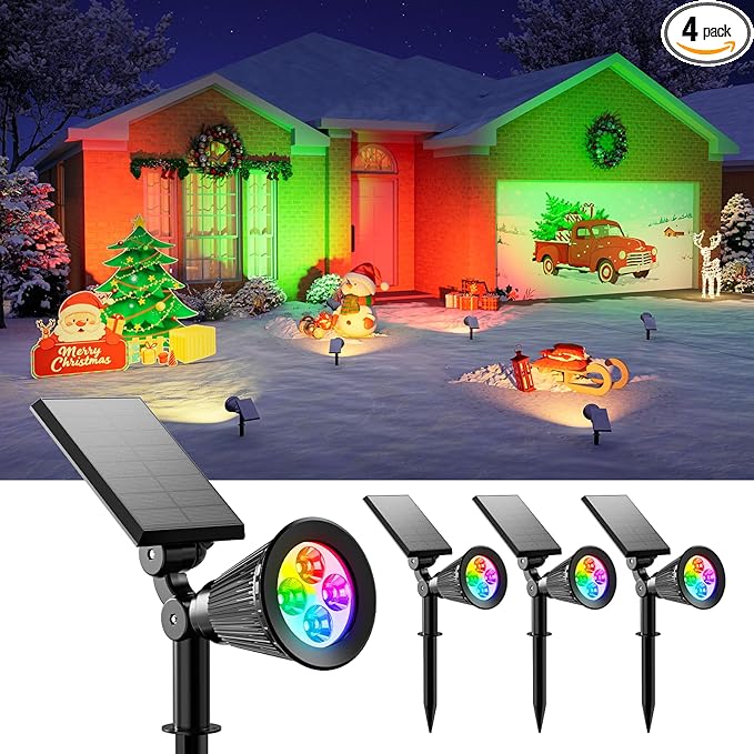 4 Pack Christmas Color Change Solar Spotlights Outdoor Waterproof Led Landscape Spot Lights Uplighting for Gingerbread Man, Snowman, Reindeer, Decorations, Holiday Ambient Lighting Lawn, Yard, Garden