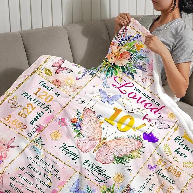 10th Birthday Gifts for Girls, Birthday Gift for 10 Year Old Girl, Super Soft Unique Funny Pink Butterfly Flower Blanket for Girls, Gifts for 10 Year Old Girl, Warm Cozy Plush Fuzzy Blanket 50"x40"