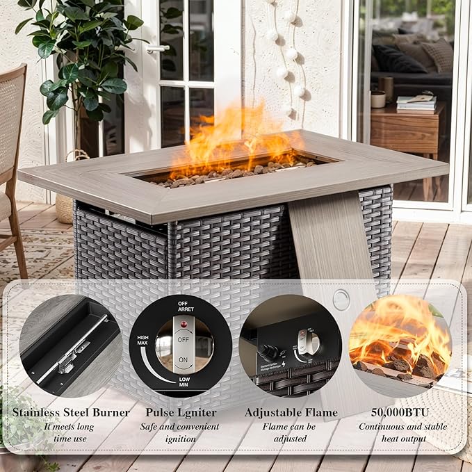 Luxury High Back Outdoor Furniture 6-Inch Thick Cushions with 50,000 BTU Gas Propane Fire Pit Tablet, Patio Furniture Set with Swivel Chairs, 8 PCS for Porch, Balcony, Deck and Yard