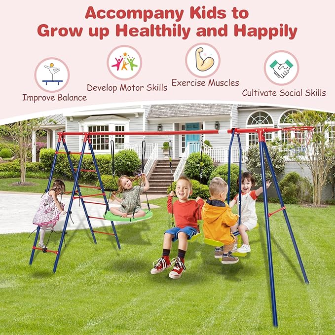 Costzon Swing Sets for Backyard, 6 in 1 Heavy-Duty Metal Swing Set with 2 Swings, Glider, Basketball Hoop, Climbing Ladder and Net, Playground Sets for Backyards, Outdoor Playset for Kids 3+ (Red)