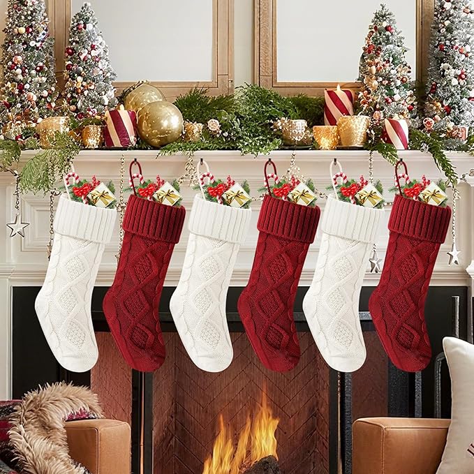 Christmas Stockings 18 Inches,Long Knitted Socks Christmas Decoration Hanging Stocking Fireplace Xmas Tree Stocking for Home Family（3red+3white）