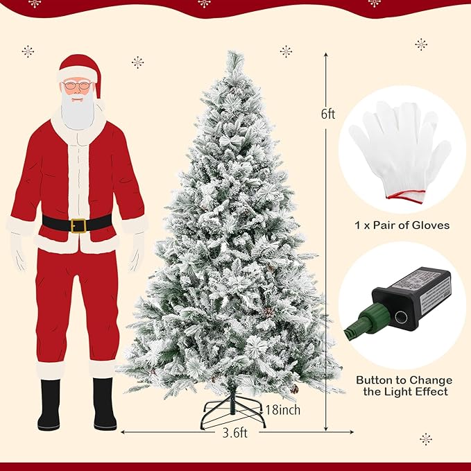 GOFLAME 6 FT Artificial Christmas Tree with Pine Needles, Snow Flocked Xmas Tree with 850 PE & PVC Branch Tips, 240 LED Lights & 34 Pine Cones, Hinged Decoration Tree with 8 Lighting Modes