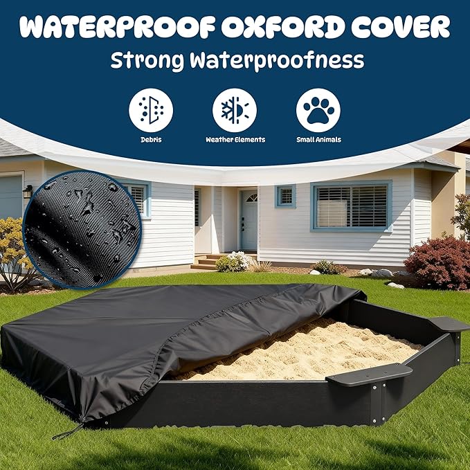 FOOWIN Hexagonal Outdoor Sandbox with Cover for Kids, HDPE Large Sandpit w/6 Benches, for Aged 3-12 Years Old, Sand Box for Children, Bottom Liner,Black