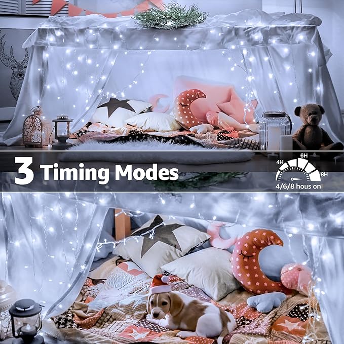 196FT 600 LED White Christmas Lights, Timer & Memory Function, 8 Modes Christmas String Lights Plug in Fairy Lights for Xmas Tree Holiday Garden Party Decor
