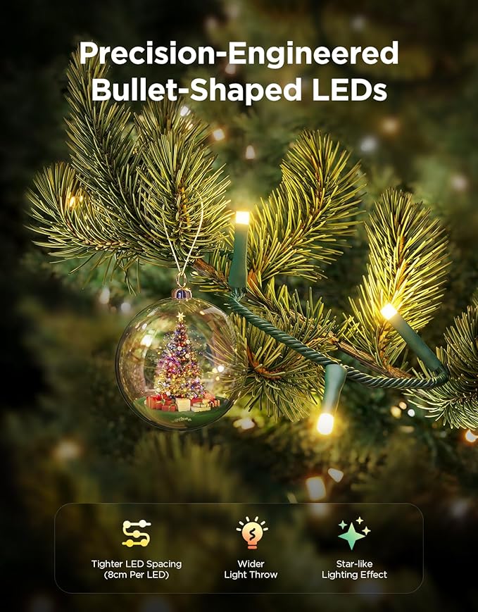 Govee Christmas Sparkle String Lights 66ft, RGBWIC String Lights with 250 Bullet-Head LEDs, App-Controlled, 140+ Scene Modes, Shape Mapping, Music Sync, Works with Alexa, Indoor Holiday Decorations