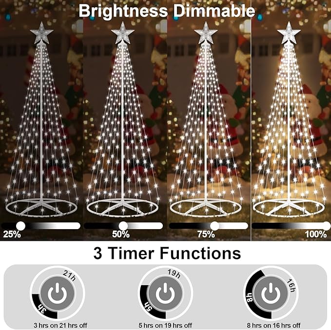 Forlivese 202LED Outdoor Solar Christmas Tree Lights, 5FT Lighted Artificial Cone Tree with Remote, 8 Modes, USB Charge, Timer & Waterproof Christmas Tree Decor for Garden Yard Patio, Cold White