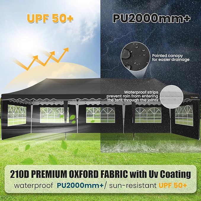 HOTEEL 10x30 Pop Up Canopy with 8 Sidewalls, UV 50+ and Waterproof 10×30 Party Tent, Thickened Frame, Large Space Easy Pop Up Canopy, Outdoor Canopy for Weddings, Beaches, Parties, Patio (Black)