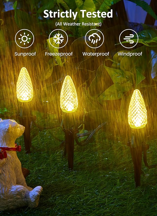 C9 Christmas Pathway Lights Outdoor, 25.7 Feet 20 LED C9 Strawberry Walkway Lights with Marker Stakes, Connectable Shatterproof C9 String Lights for Lane Outside Yard Decorations, Warm White, 4 Pack