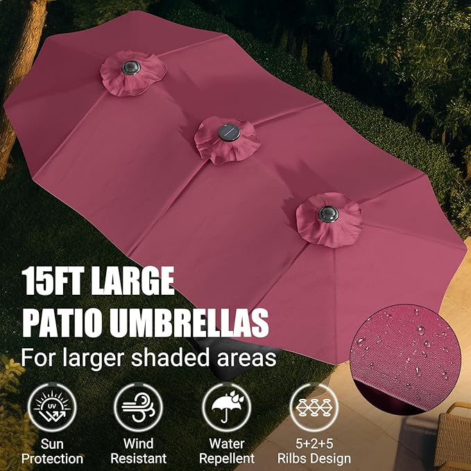 CHABATREE 15FT Rectangle Patio Umbrella with Base & Solar LED Lights - Double-Sided