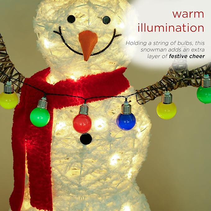 Alpine Corporation CHT972, White Mesh Fabric 3D Snowman Holding Christmas Lights with 60 Warm White LED Lights - Large 4 Feet Tall Indoor/Outdoor Holiday Décor, Christmas Decoration