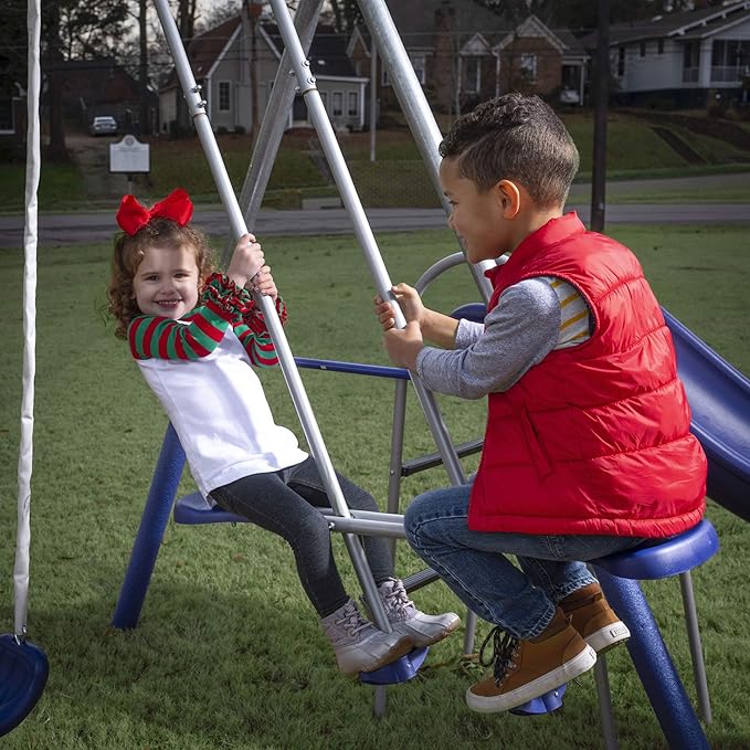 Fun Forever - 8 User Metal Swing Set with 6' Wave Slide and The Triple Fun-Go Round Add-On by XDP Recreation