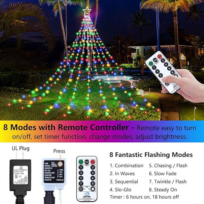 Decute Christmas Decorations Outdoor String Lights 8 Modes and Timer with Remote, Waterproof 320 LED Halloween Tree Lights Star Lights for Yard Garden Backyard Wedding Holiday Decor Multicolor