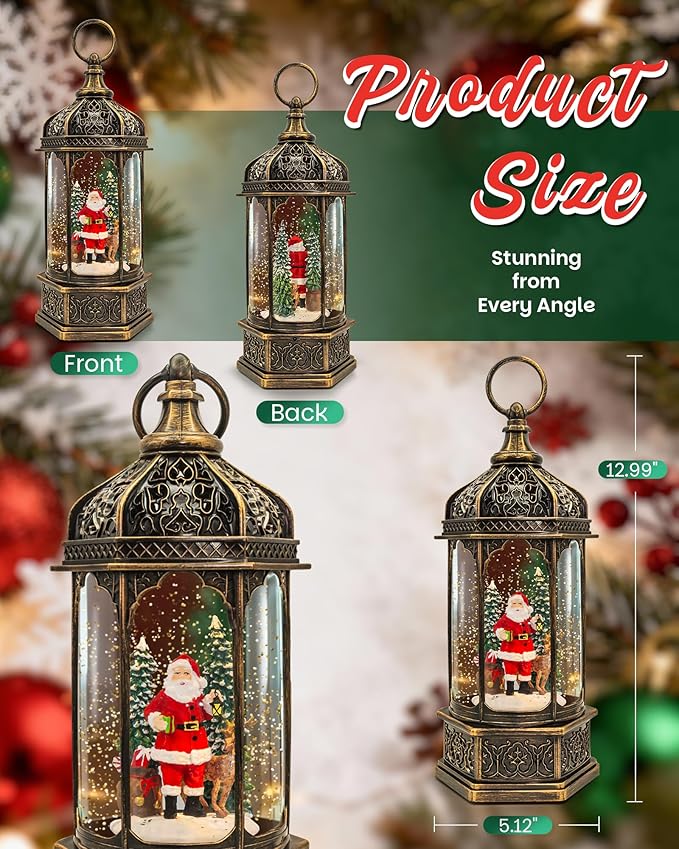 Christmas Satan ＆ Deer Snow Globe Light up Lantern with 8 Songs, 12.99" Christmas Snow Globes for Kids Adults, 6H Timer & Dual Power, Snowglobes Christmas Decorations Indoor, Gifts for Women Men