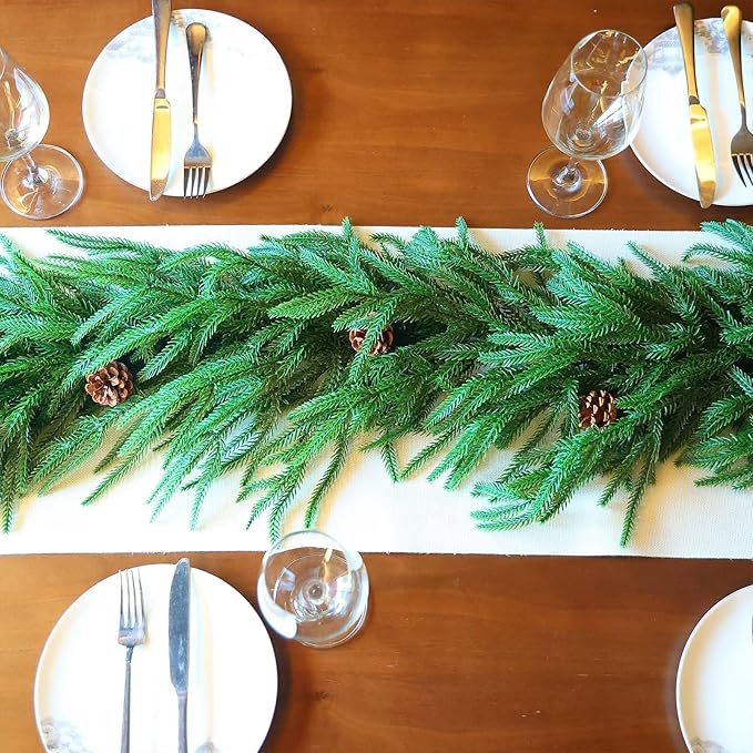 9FT Christmas Norfolk Pine Garland, Greenery Real Touch Decorations for Mantle Table Staircase Fireplace Mantel Porch Banister Holiday Home Winter Faux Xmas Garland Winter Indoor Outdoor Decor
