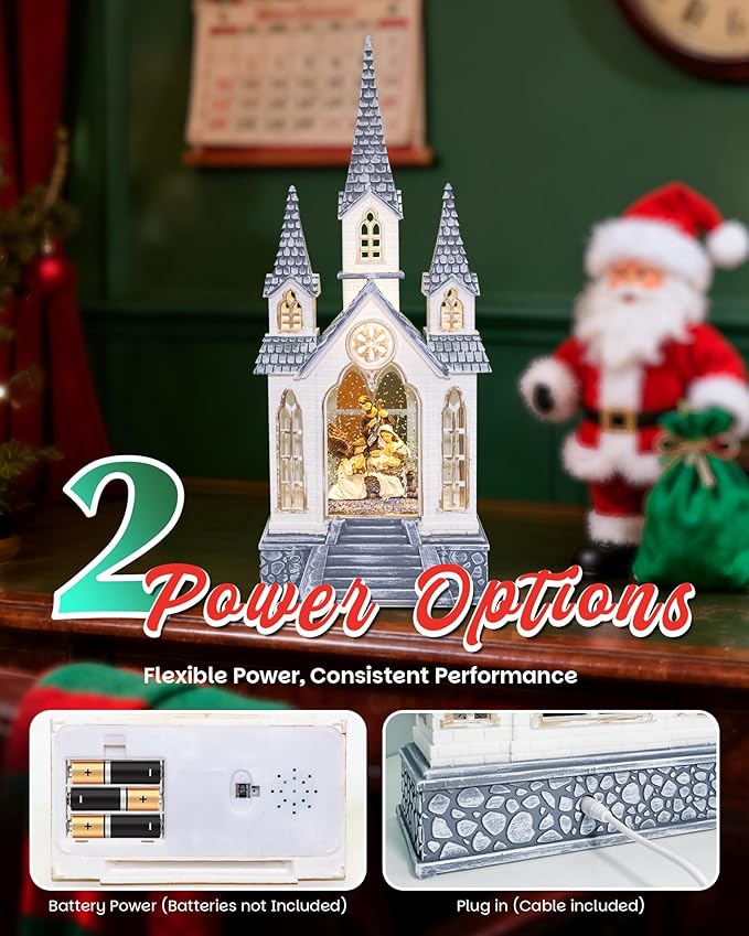 Christmas Church Nativity Snow Globe Light up Snowglobe with Music, 9.84" White Christmas Snow Globes for Kids Adults, 6H Timer & Dual Power, Angle Snowglobes Christmas Decorations Indoor