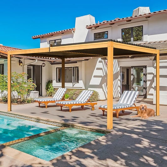 10’ x 16’ Louvered Pergola, Outdoor Pergola Aluminum Frame with Adjustable Rainproof Metal Roof, Permanent Sun Shade with Drainage System for Backyard, Garden and Lawn (Wooden Grain)