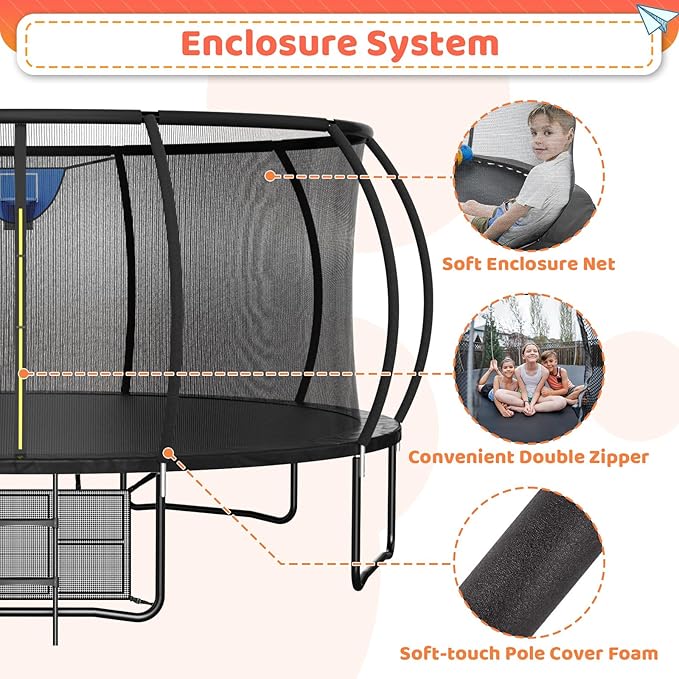 8FT 10FT 12FT 14FT 16FT Trampoline Outdoor, Trampolines for Kids & Adults, Pumpkin Trampolines with Safety Net, Ladder, Coating Metal Frame, ASTM Approved Large Backyard Trampoline for Kids