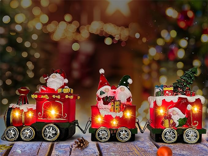 Hexagram Christmas Decorations Indoor Christmas Gnomes Table Centerpieces Train Decor - Lighted Gnome Tabletop Decor, Light Up Xmas Train Figurines for Home