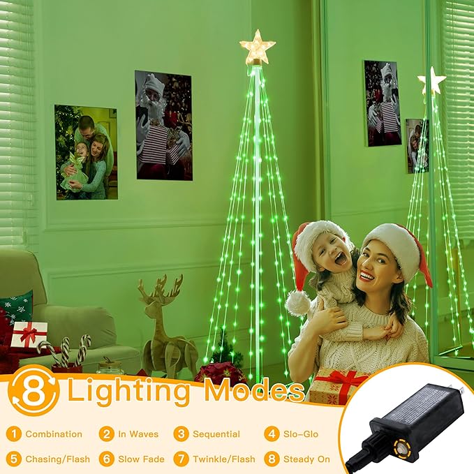 Ollny Christmas Tree Lights, 6FT 170 LED Warm White and Green Outdoor String Lights 8 Modes Timer Function IP65 Waterproof Star Light for Indoor Outside House Yard Xmas Decorations