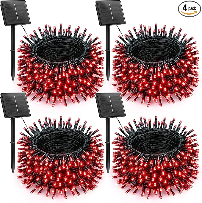 Brightown 4 Pack Solar Christmas Lights Outdoor, Total 184FT 480 LED Solar String Lights Outdoor Waterproof Green Wire with 8 Modes, Solar Fairy Light for Garden Yard Patio Party Decors, Red