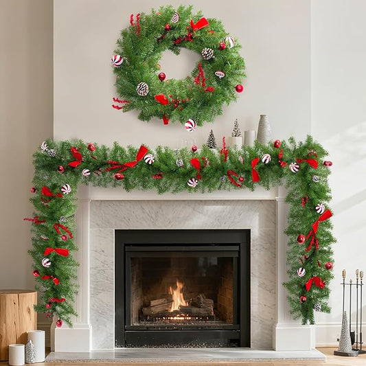 Christmas Garland with Lights, 8.9 Ft Real Touch Winter Pine Garland, Green Artificial Greenery Garland for Table, Table, Stairs, Door, Christmas Decor for Home Wedding Fireplace Party (One Pack)