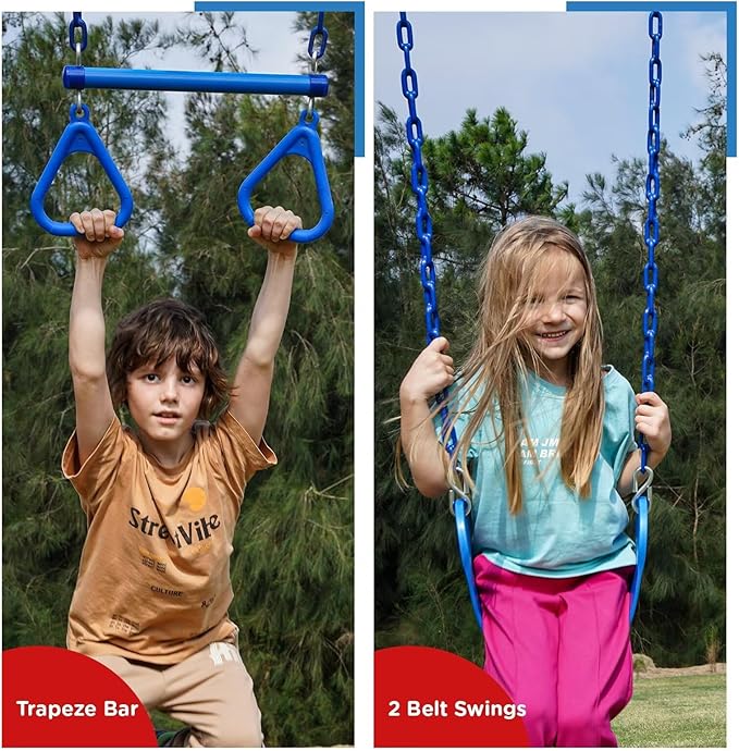 Dolphin Playground Wood Swing Sets for Backyard with Monkey Bar, Kids Outdoor Play Equipment, Outdoor Playset for Kids with Trapeze Swing Bar and 2 Belt Swings, Heavy Duty Playground Accessories