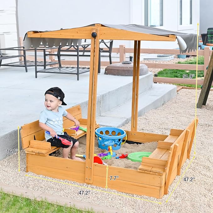 Aivituvin Kids Sand Boxes with Lid and Canopy, Outdoor Sandboxes with Cover, Foldable Bench Seats, Retractable Roof, Sand Table for Kids Ages 4-8 (Brown)