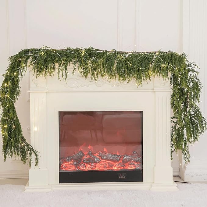 9ft Handmade Christmas Garland,Cedar Artificial Greenery with LED Lights,Seasonal Garland for Fireplace Indoor Outdoor Winter Holiday Decoration