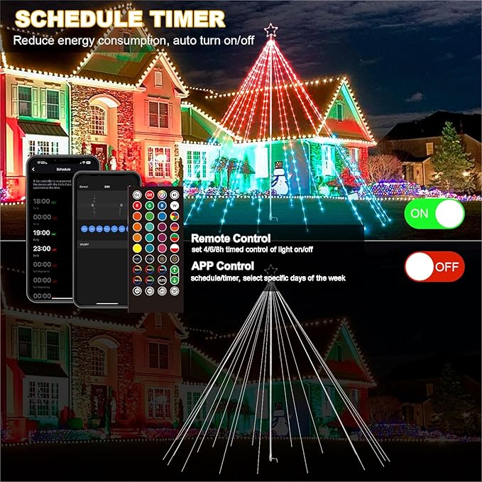 13Ft 622LEDs Outdoor Christmas Lights Yard Decor, Smart Color Changing RGB Flag Pole Christmas Tree Light, App/Remote Control, Timer, Dimmer, Group Control, Waterproof, Large Outside Xmas Decor