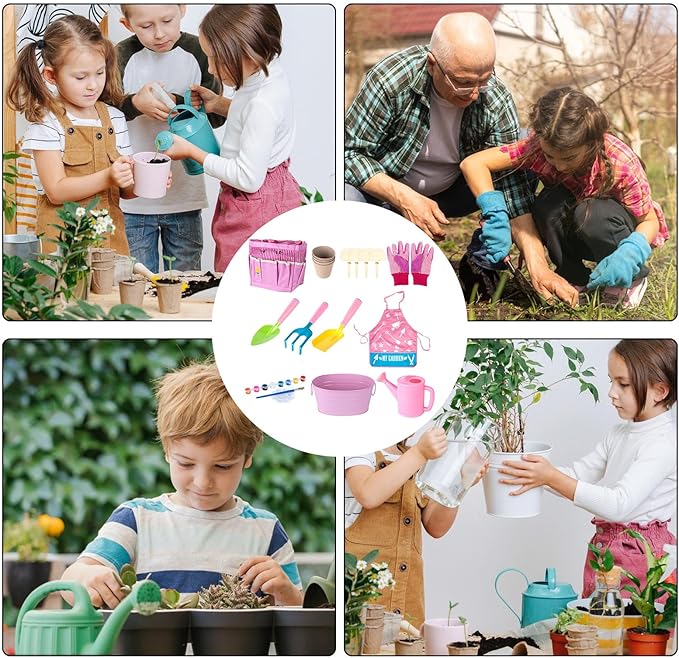 Kids Gardening Tools, 20-Piece Outdoor Garden Toy Set, Fun Child Gardening Play Kit with Watering Can, Shovel, Rake, Gloves, and Storage Bag for Boys and Girls