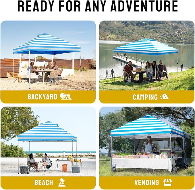 Crown Shades 10x10 Pop Up Canopy - Beach Tent with One Push Setup - Outdoor Sun Shade for Events, Parties, Camping - STO-N-Go Cover Bag, Silver Coated Top, 3 Height& 4 Sand Bags, Sky Blue Stripes