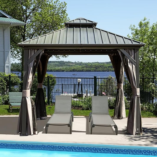 Domi 8’ X 8’ Hardtop Gazebo Canopy with Netting & Curtains, Outdoor Gazebo with Galvanized Steel Double Roof for Patio Lawn and Garden, Gray