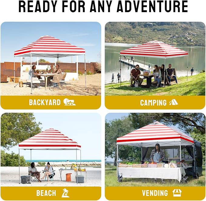CROWN SHADES 10x10 Pop Up Canopy - Beach Tent with One Push Setup - Easy Outdoor Sun Shade for Events, Parties, Camping - Gazebo with STO-N-Go Cover Bag, Silver Coated Top, Red Strips
