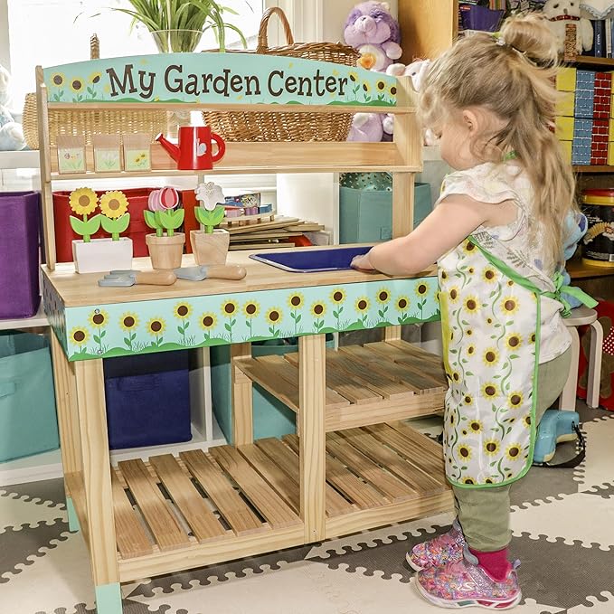 Bloom & Grow Gardening Center Wooden Toy Indoor Playset- 22 Pc Garden Stand Set w Flowers, Seed Packets, Pots, Shovel Rake Apron Watering Pot- Interactive & Fun Pretend Playtime, Xmas Gift for Kids