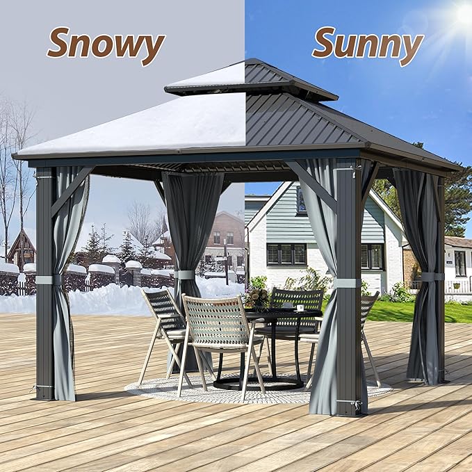 10 X 10ft Hardtop Gazebo, Galvanized Steel Double Roof Gazebo with Nettings and Curtain Outdoor Aluminum Frame Vertical Stripes Roof Permanent for Patio, Backyard, Lawns