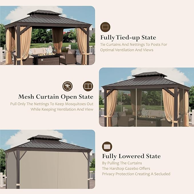 10'x12' Hardtop Aluminum Gazebo, Permanent Outdoor Canopy with Galvanized Steel Double Roof Heavy Duty Pavilion with Curtains and Netting for Garden Patio Lawn Deck