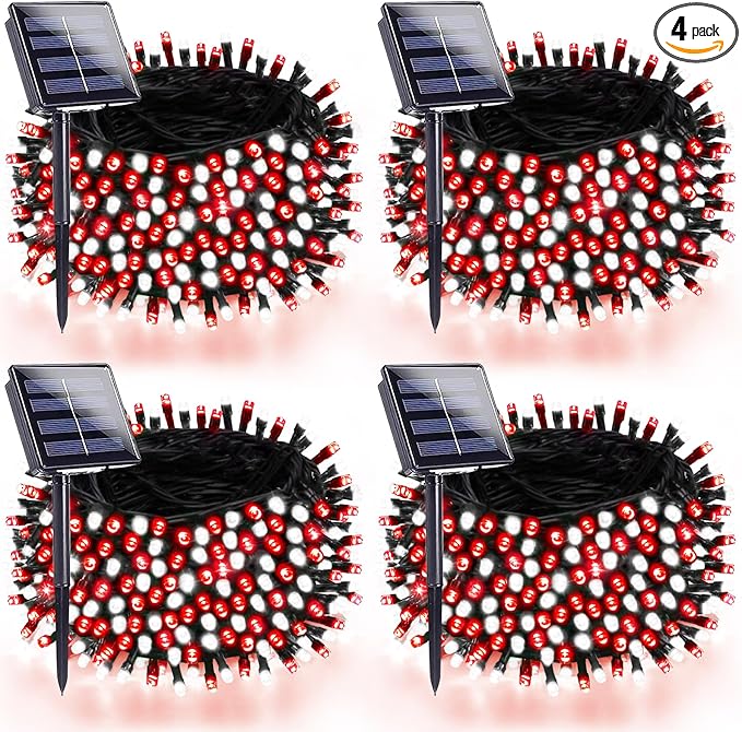4 Pack 180FT Solar Christmas Lights Outdoor Waterproof, Super Bright 320 LED Solar String Lights with 8 Lighting Modes, Green Wire Solar Twinkle Tree Lights for Outside Xmas Party(Red and White)