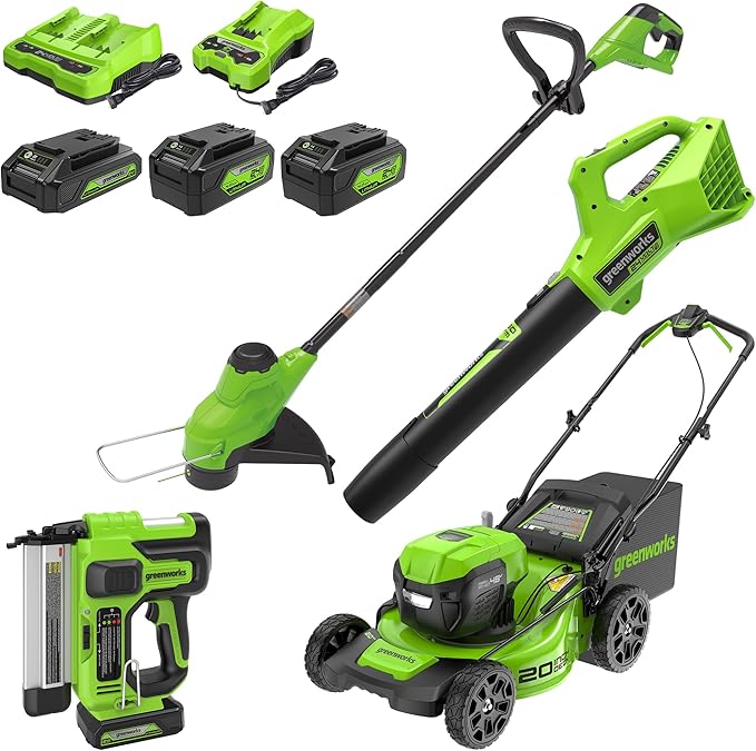 Greenworks 48V (24V x 2) All-in-One Cordless Combo - 20" Push Lawn Mower, 12" String Trimmer, 320 CFM Leaf Blower & 3/8" 18 GA Crown Stapler