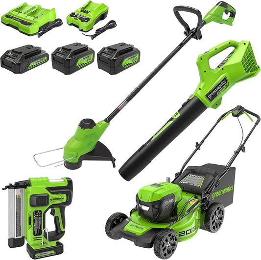 Greenworks 48V (24V x 2) All-in-One Cordless Combo - 20" Push Lawn Mower, 12" String Trimmer, 320 CFM Leaf Blower & 3/8" 18 GA Crown Stapler