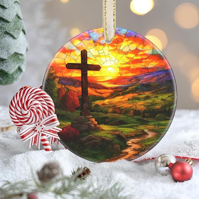Cross Christmas Ornament, 3.5 Inch Ceramic Christian Ornament, Christmas Tree Ornaments, Christian Gifts, Religious Gifts, Thanksgiving Gifts, Perfect for Holiday Party, Tree, Window
