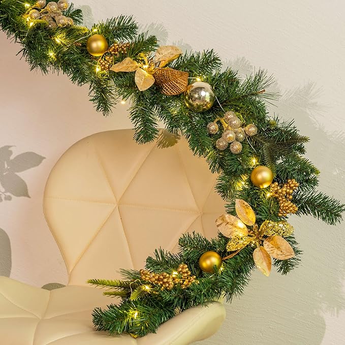 YULETIME 6 Feet Lighted Christmas Garland, Battery Operated with 20 Fairy Lights Artificial Garland, Golden Baubles, Berries, Poinsettia, Spruce Branches, Pine Needles