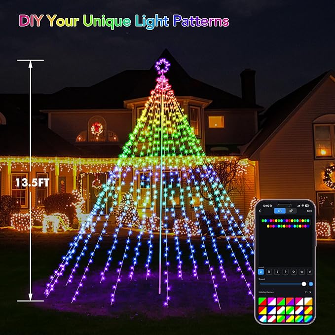 13.5FT Smart Christmas Tree Lights LED, Remote & App Control IP67 Waterproof multiple Scene Modes Waterfall Lights with Pole, Sync Music Modes Christmas Decorations for Outdoor Xmas Party Wedding