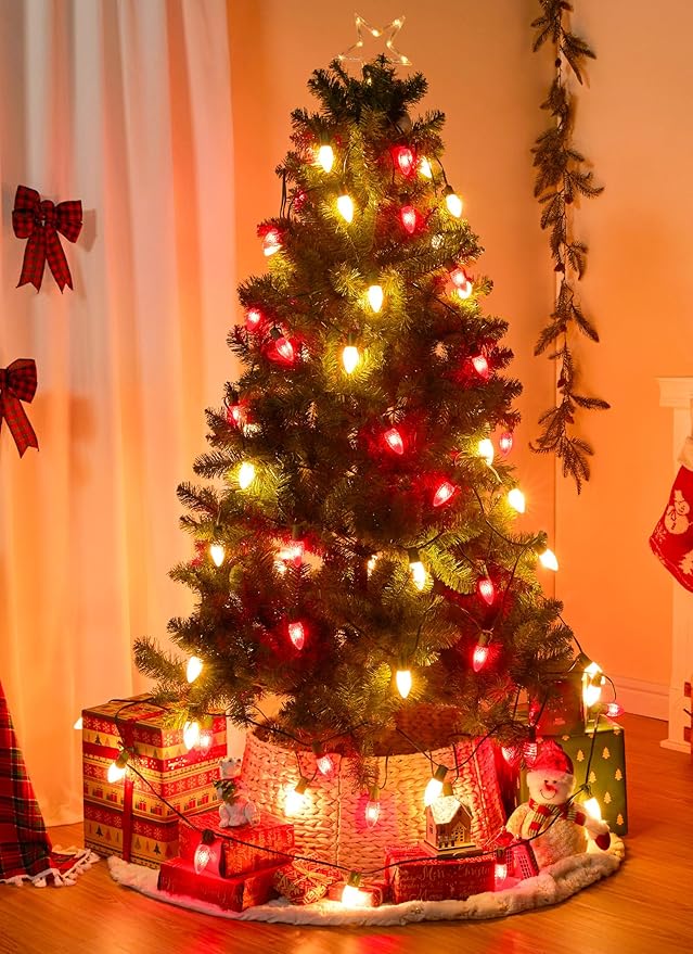 C9 LED Christmas String Lights Outdoor, 26 Feet 20 LED Christmas Pathway Lights with 20 Plastic Stakes, Connectable Waterproof for Driveways Xmas Holiday Patio Decoration, Red and Warm White