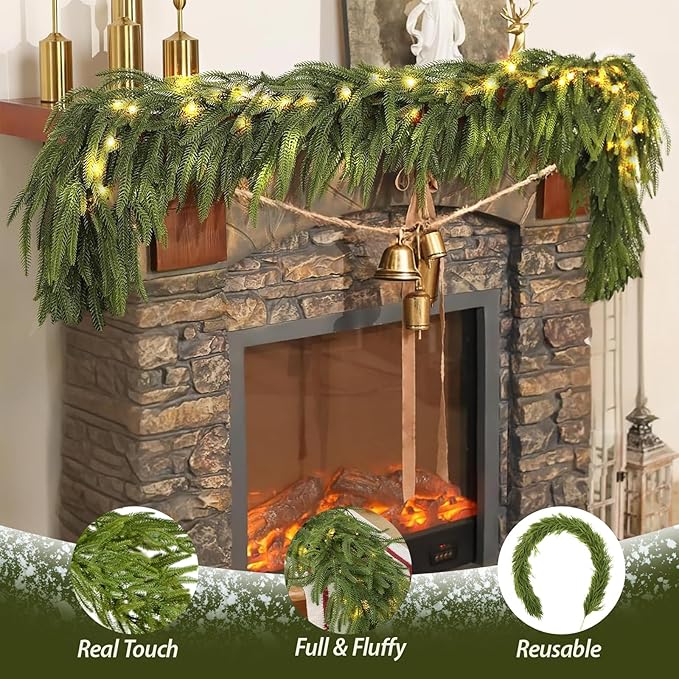 6 Ft Norfolk Pine Garlands, Real Touch Winter Pine Garland, Dense Green Artificial Greenery Garland for Table, Mantle, Staires, Wall, Indoor, Outdoor Christmas Decorations