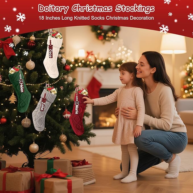 Christmas Stockings 18 Inches,Long Knitted Stocking with Name Tags, Christmas Decoration Hanging Stockings Fireplace Xmas Tree Ornaments for Home Family
