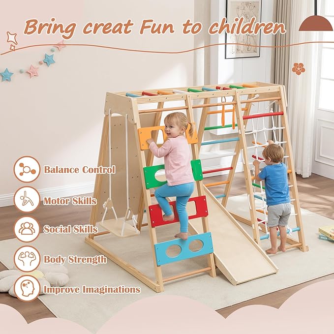 9-in-1 Indoor & Outdoor Wooden Playset for Kids, All-in-One Backyard Playground with Slide, Monkey Bars, Swing, Rock Wall, Climbing Net, Rings & Ladder – Sturdy Adventure Set for Skill Development