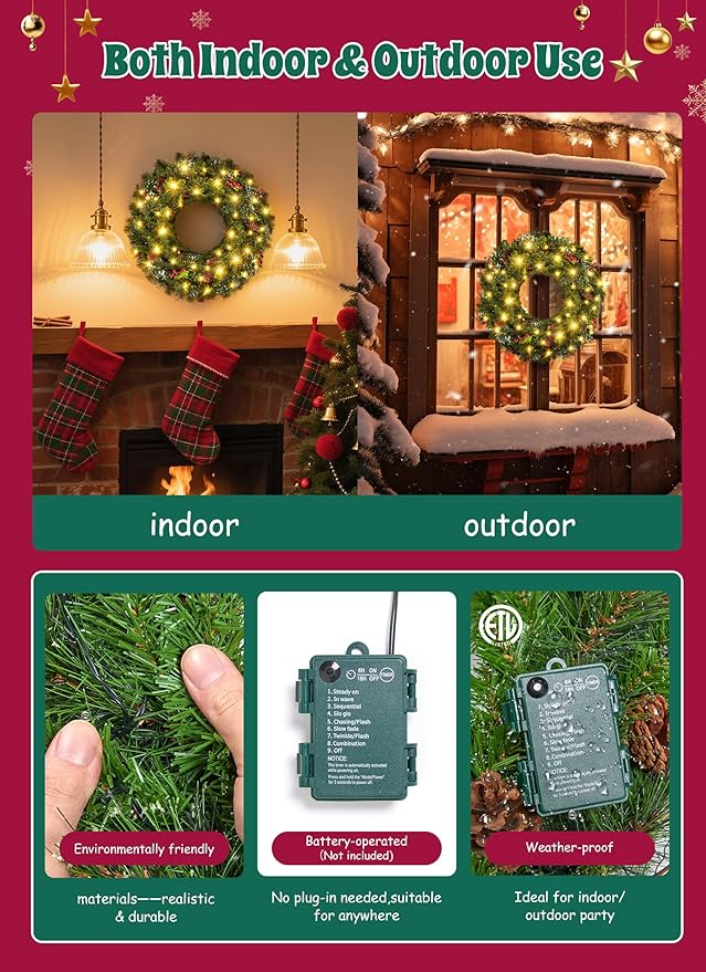 Brightown 24 Inch Pre-Lit Artificial Christmas Wreaths for Front Door, Battery Operated Christmas Wreath with 50 LED Lights, Lighted Wreath for Front Door Wall Window